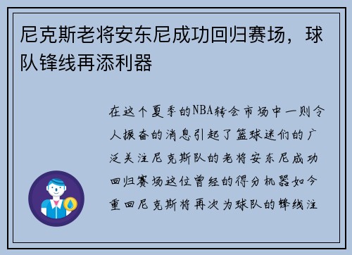 尼克斯老将安东尼成功回归赛场，球队锋线再添利器